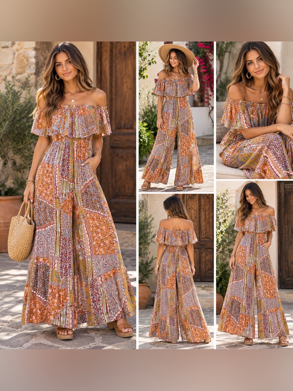 NWT ILLA ILLA Boho Patchwork Off Shoulder Wide Leg Jumpsuit M